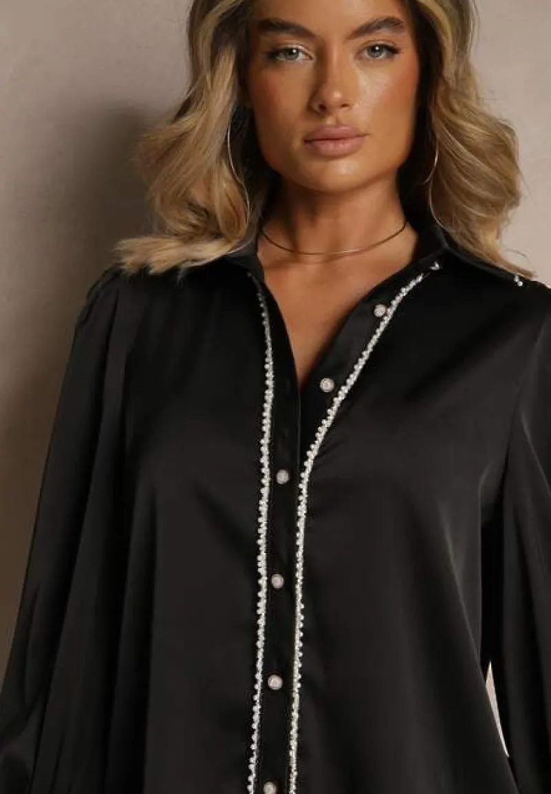 Czarna Koszula z Długimi Bufiastymi Rękawami i Koralikami Zapinana na Guziki Quileth