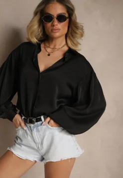 Czarna Koszula z Dłuższym Tyłem i Bufiastymi Rękawami Zivane