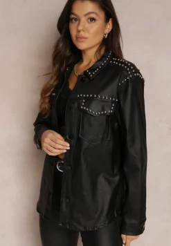 Czarna Koszula z Imitacji Skóry z Nitami Carleton
