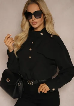 Czarna Koszula z Kieszeniami Stójką i Ozdobnymi Guzikami Nereina