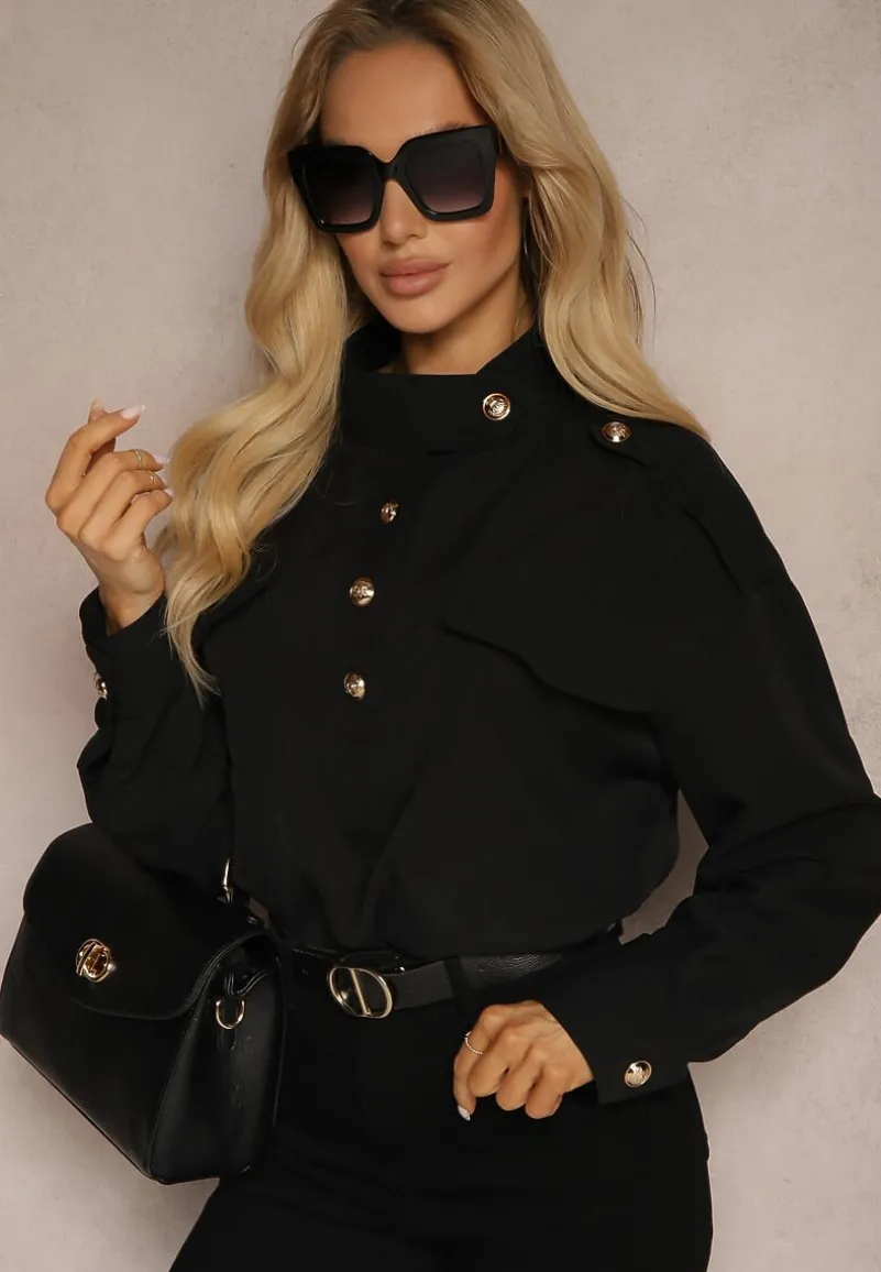 Czarna Koszula z Kieszeniami Stójką i Ozdobnymi Guzikami Nereina