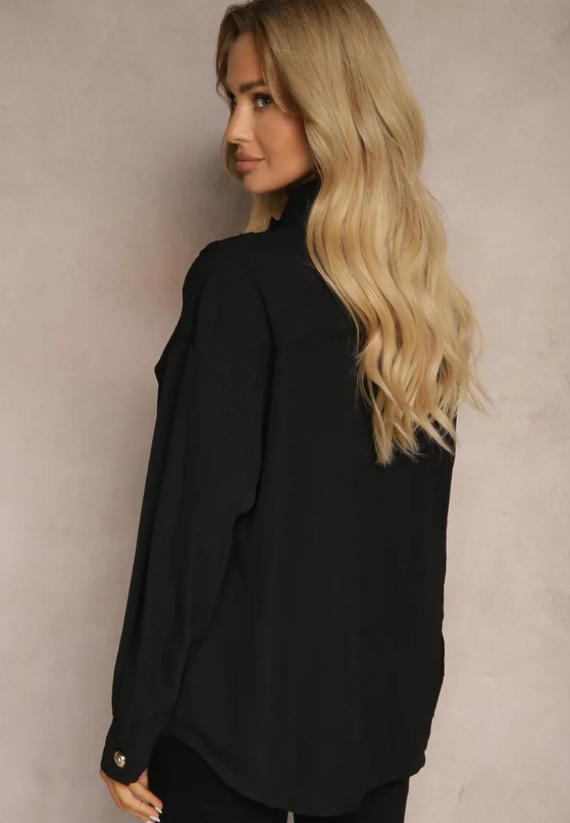 Czarna Koszula z Kieszeniami Stójką i Ozdobnymi Guzikami Nereina