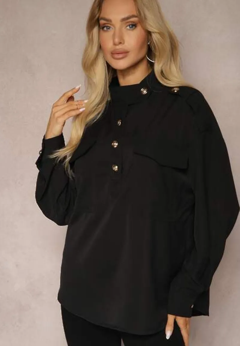 Czarna Koszula z Kieszeniami Stójką i Ozdobnymi Guzikami Nereina