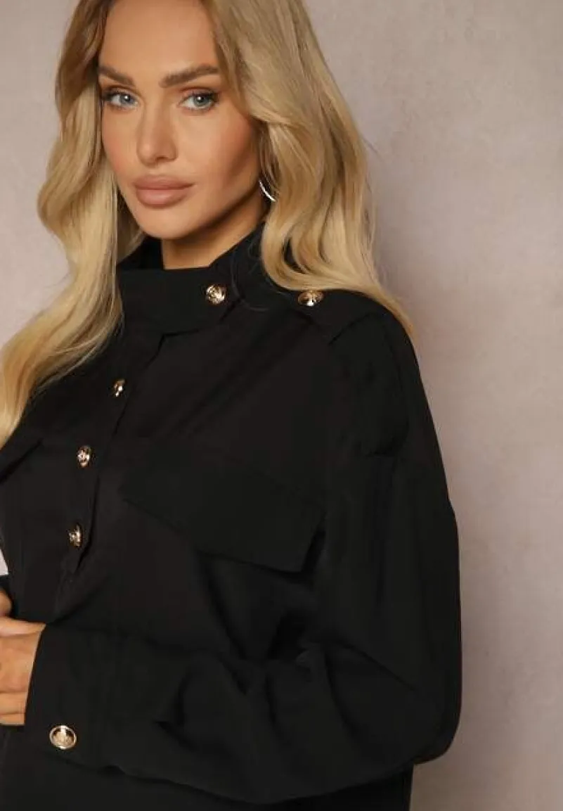 Czarna Koszula z Kieszeniami Stójką i Ozdobnymi Guzikami Nereina
