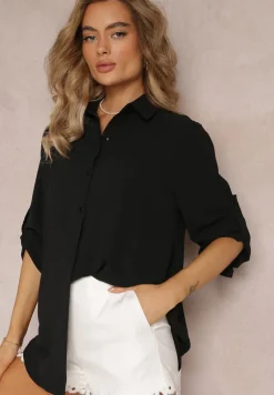 Czarna Koszula z Kołnierzem i Długimi Rękawami na Guzik Henvia