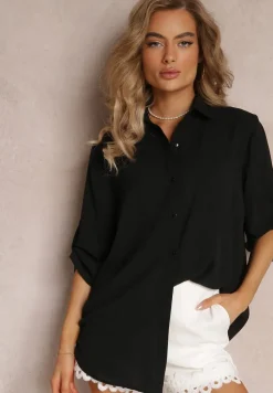 Czarna Koszula z Kołnierzem i Długimi Rękawami na Guzik Henvia