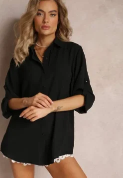 Czarna Koszula z Kołnierzem i Długimi Rękawami na Guzik Henvia