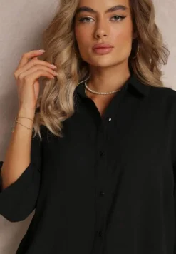 Czarna Koszula z Kołnierzem i Długimi Rękawami na Guzik Henvia