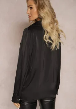 Czarna Koszula z Koronkowymi Wstawkami i Ozdobnymi Guzikami Herinna