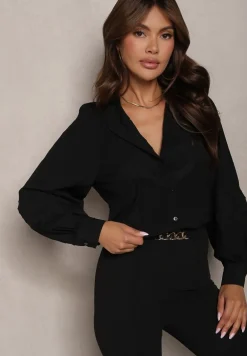 Czarna Koszula z Koronkowym Zdobieniem na Dekolcie i Rękawach Atilire