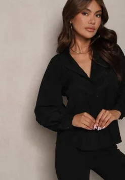 Czarna Koszula z Koronkowym Zdobieniem na Dekolcie i Rękawach Atilire