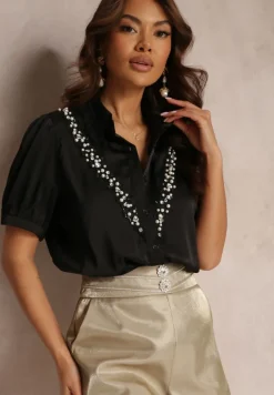 Czarna Koszula z Krótkim Rękawem z Koronką i Cyrkoniami Keysha