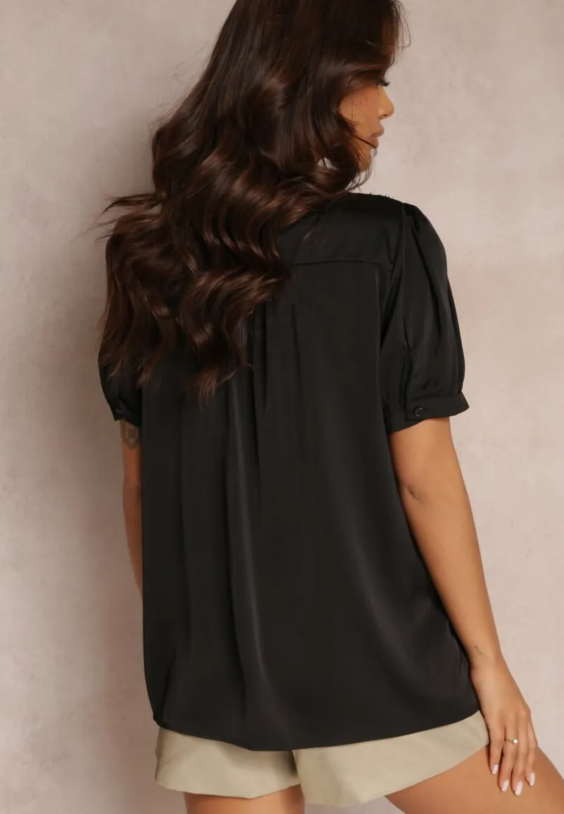 Czarna Koszula z Krótkim Rękawem z Koronką i Cyrkoniami Keysha