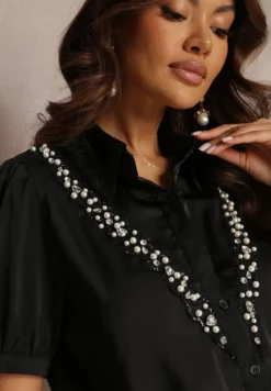 Czarna Koszula z Krótkim Rękawem z Koronką i Cyrkoniami Keysha