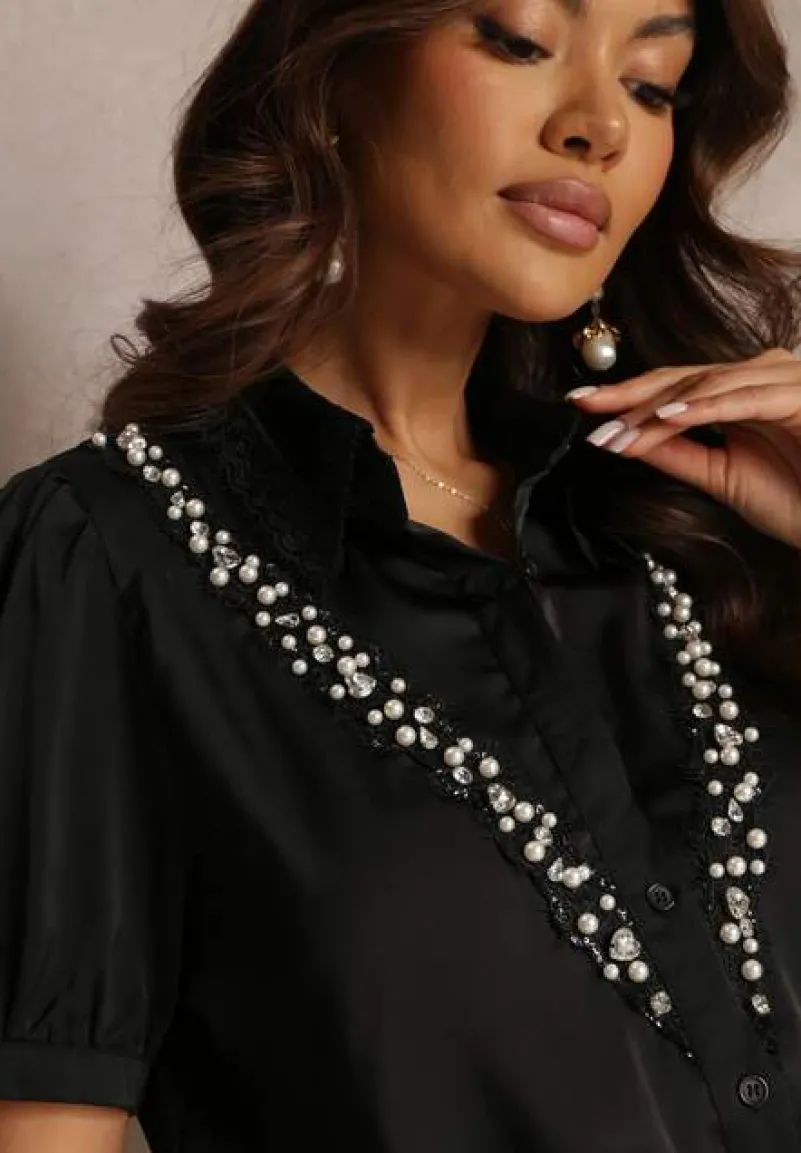 Czarna Koszula z Krótkim Rękawem z Koronką i Cyrkoniami Keysha
