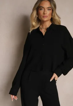 Czarna Koszula z Lnem i Bawełną z Regulowanymi Rękawami Sallora