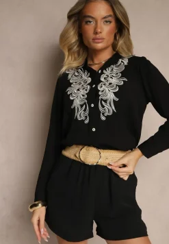 Czarna Koszula z Lnu i Wiskozy z Ozdobnym Haftem Fadelia