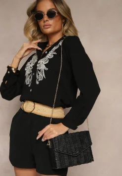 Czarna Koszula z Lnu i Wiskozy z Ozdobnym Haftem Fadelia