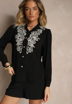 Czarna Koszula z Lnu i Wiskozy z Ozdobnym Haftem Fadelia