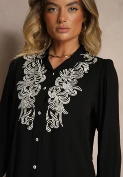 Czarna Koszula z Lnu i Wiskozy z Ozdobnym Haftem Fadelia