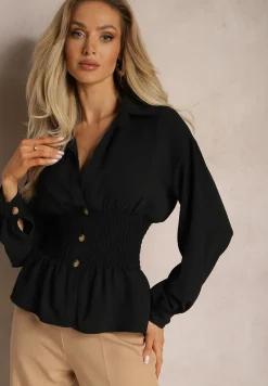 Czarna Koszula z Marszczoną Talią i Ozdobnymi Guzikami Dapnelli