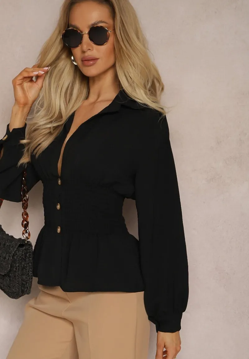 Czarna Koszula z Marszczoną Talią i Ozdobnymi Guzikami Dapnelli