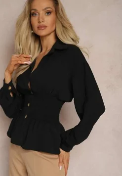 Czarna Koszula z Marszczoną Talią i Ozdobnymi Guzikami Dapnelli