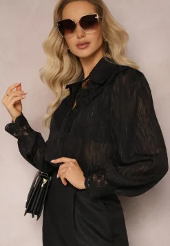 Czarna Koszula z Metaliczną Nitką i Koronką Knikkar