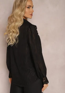 Czarna Koszula z Metaliczną Nitką i Koronką Knikkar