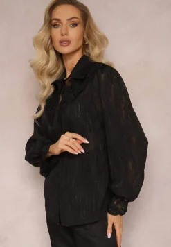Czarna Koszula z Metaliczną Nitką i Koronką Knikkar