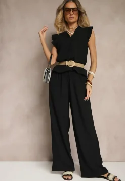 Czarna Koszula z Ozdobnymi Falbankami Arilene