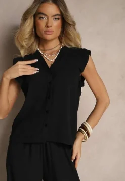 Czarna Koszula z Ozdobnymi Falbankami Arilene