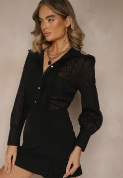 Czarna Koszula z Ozdobnymi Rękawami i Stójką z Falbanką Mylonia