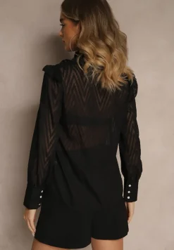 Czarna Koszula z Ozdobnymi Rękawami i Stójką z Falbanką Mylonia