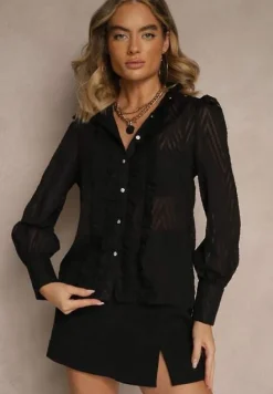 Czarna Koszula z Ozdobnymi Rękawami i Stójką z Falbanką Mylonia