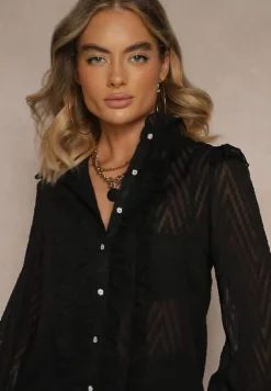 Czarna Koszula z Ozdobnymi Rękawami i Stójką z Falbanką Mylonia