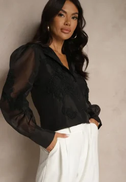 Czarna Koszula z Transparentnymi Rękawami i Koronką z Perełkami Ulani