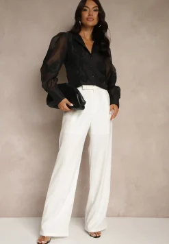 Czarna Koszula z Transparentnymi Rękawami i Koronką z Perełkami Ulani