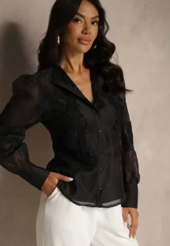 Czarna Koszula z Transparentnymi Rękawami i Koronką z Perełkami Ulani