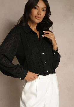 Czarna Koszula z Transparentnej Tkaniny z Koronką i Metalicznymi Przeszyciami Sepuria