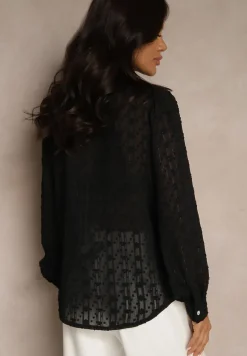 Czarna Koszula z Transparentnej Tkaniny z Koronką i Metalicznymi Przeszyciami Sepuria