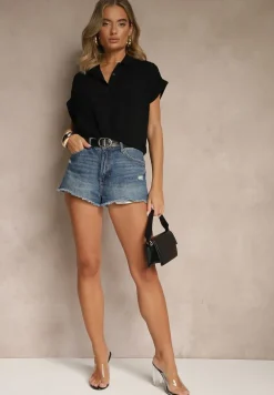 Czarna Koszula z Wiskozy Ozdobiona Podwinięciami Tilaruna