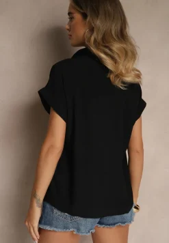 Czarna Koszula z Wiskozy Ozdobiona Podwinięciami Tilaruna