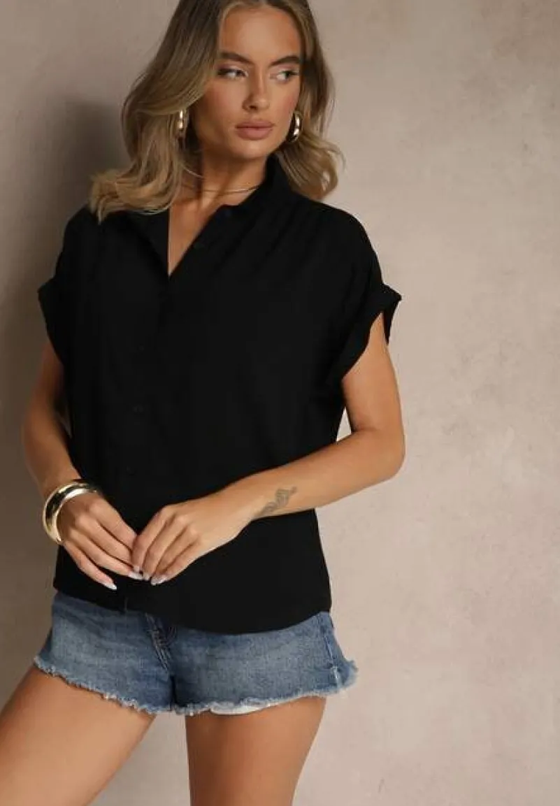 Czarna Koszula z Wiskozy Ozdobiona Podwinięciami Tilaruna