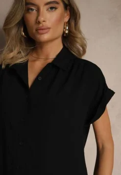 Czarna Koszula z Wiskozy Ozdobiona Podwinięciami Tilaruna