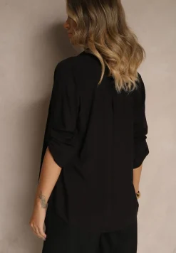 Czarna Koszula z Wiskozy z Guzikami i Długimi Rękawami z Możliwością Podpięcia Memona