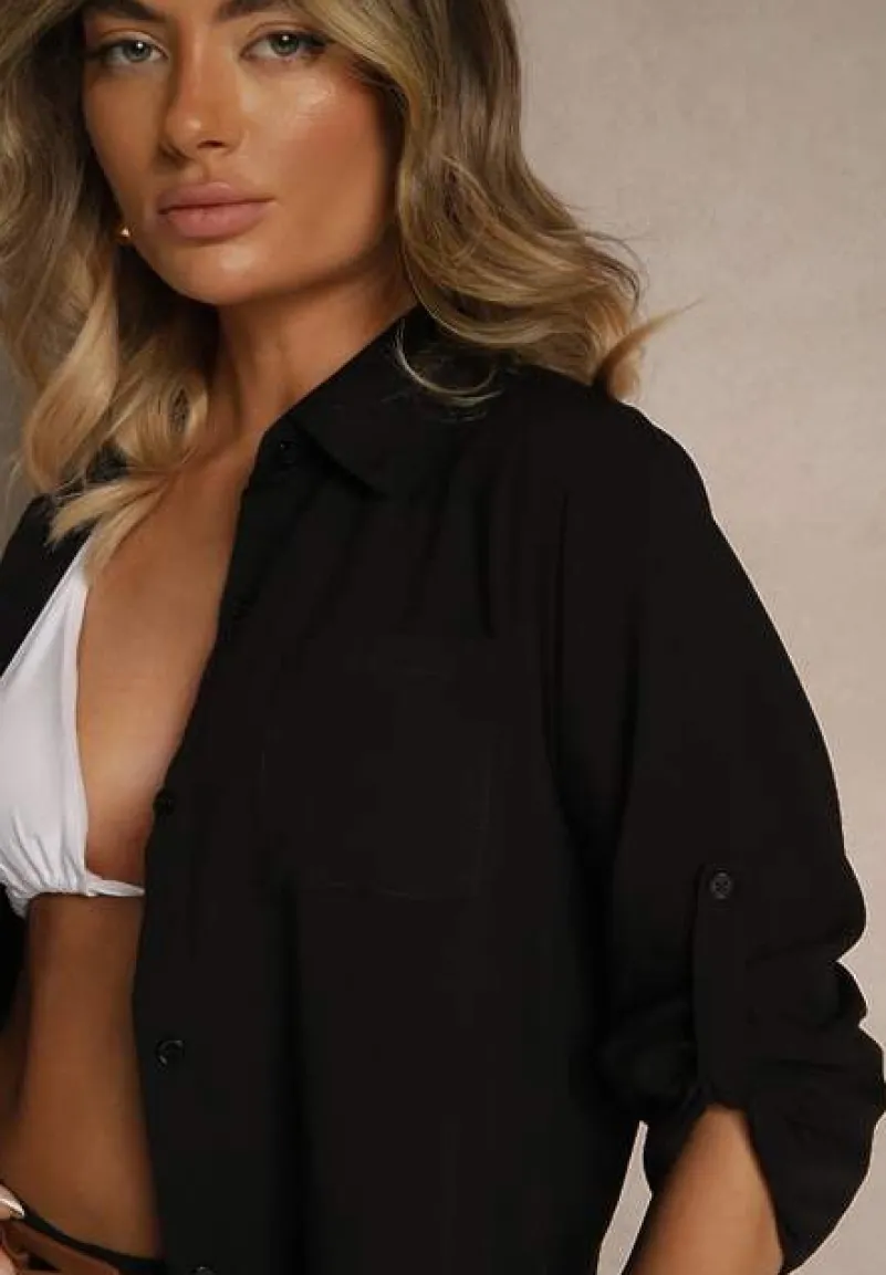 Czarna Koszula z Wiskozy z Guzikami i Długimi Rękawami z Możliwością Podpięcia Memona