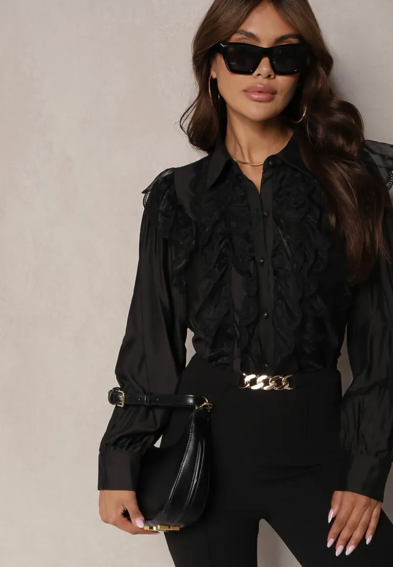 Czarna Koszula z Wiskozy Ozdobiona Transparentną Siateczką Slarria