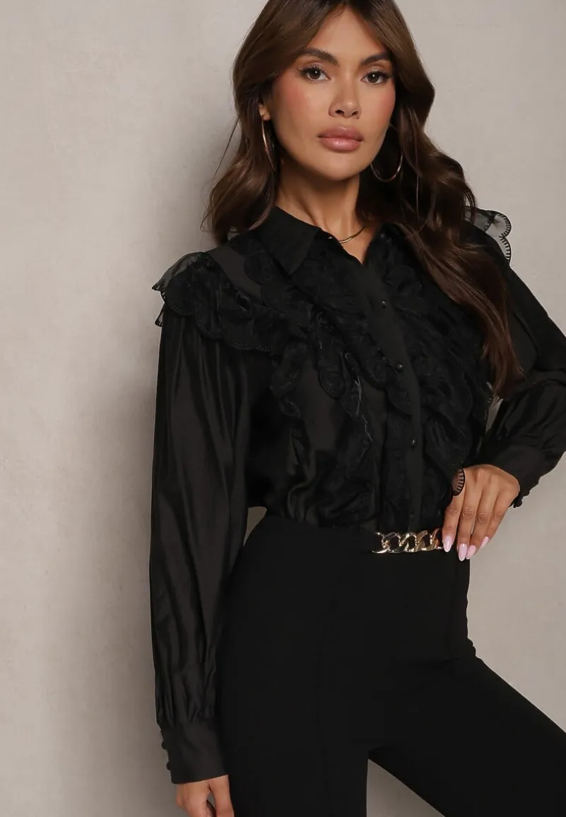 Czarna Koszula z Wiskozy Ozdobiona Transparentną Siateczką Slarria