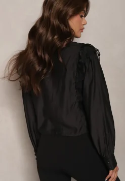 Czarna Koszula z Wiskozy Ozdobiona Transparentną Siateczką Slarria